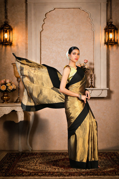 Black and golden zari plain saree, Cotton/Silk