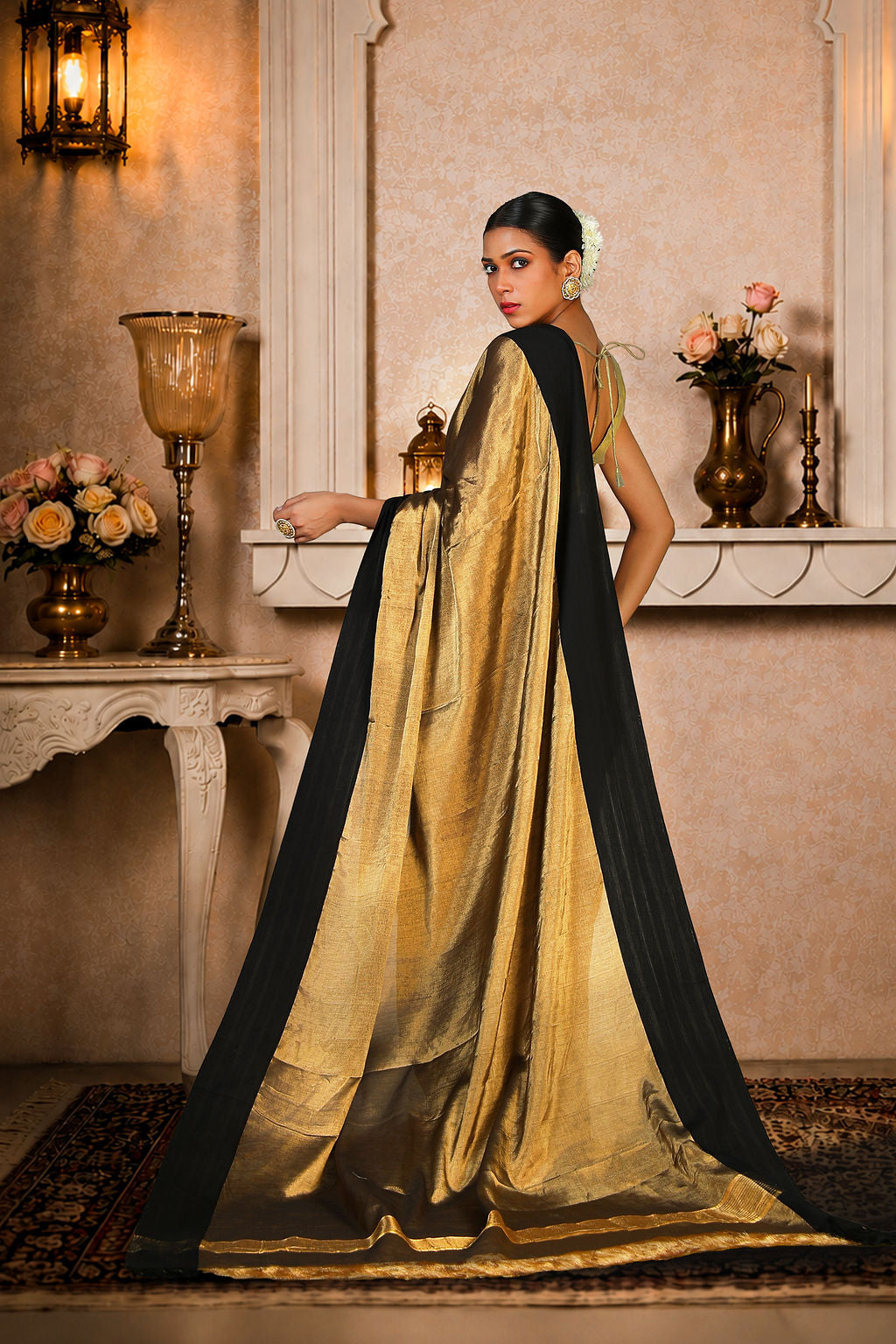 Black and golden zari plain saree, Cotton/Silk