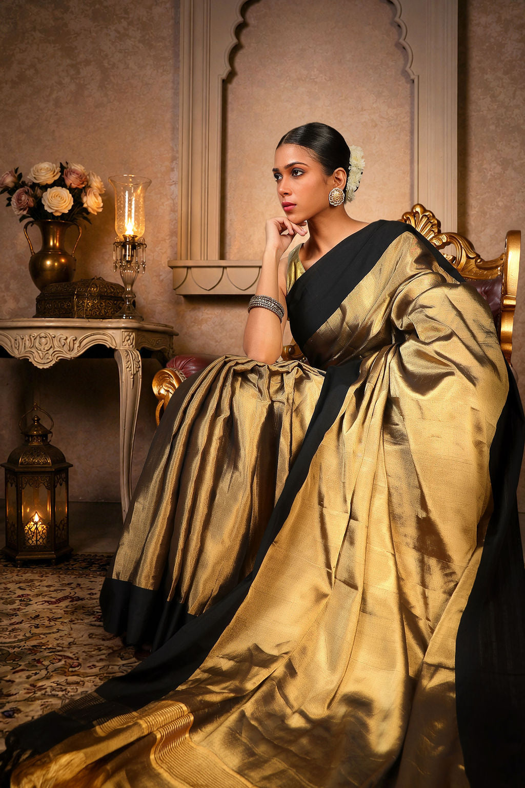 Black and golden zari plain saree, Cotton/Silk