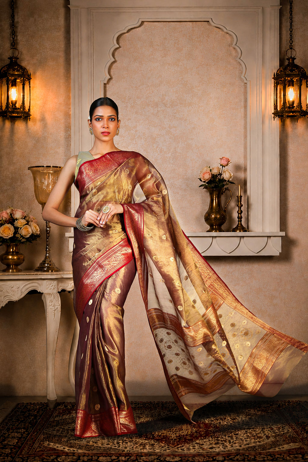 Coffee/Maroon color saree with golden zari oval booti allover, Organza Silk