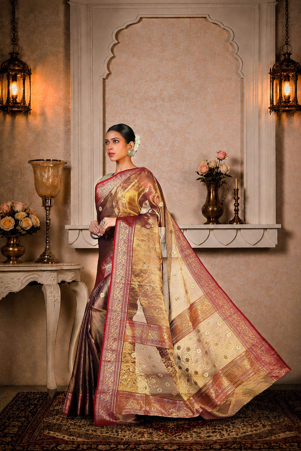 Coffee/Maroon color saree with golden zari oval booti allover, Organza Silk