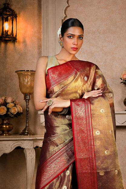 Coffee/Maroon color saree with golden zari oval booti allover, Organza Silk