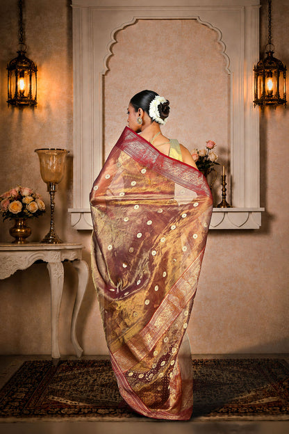 Coffee/Maroon color saree with golden zari oval booti allover, Organza Silk