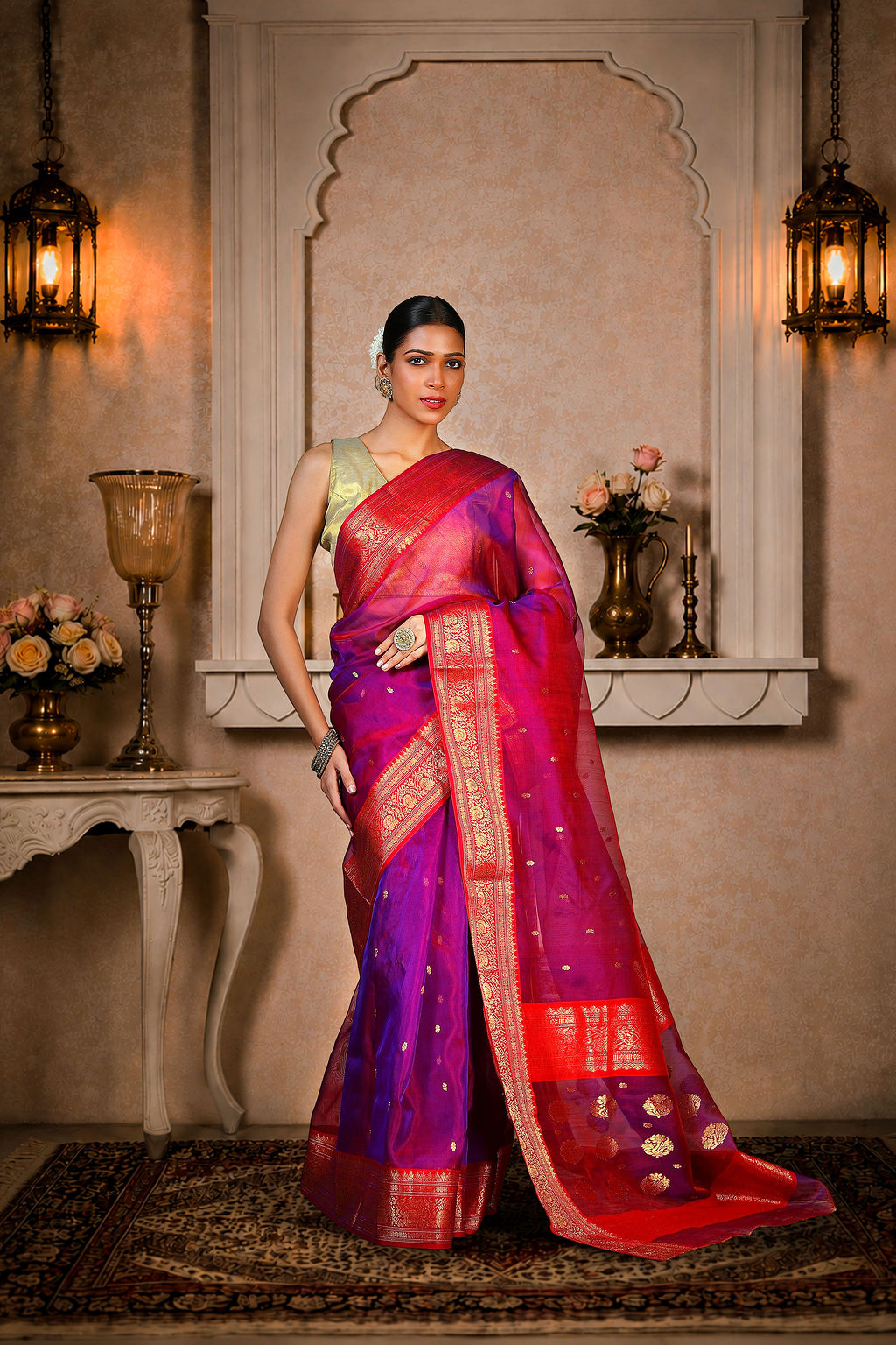Purple/Maroon Saree with all over golden zari work on aanchal & border, Pattu Silk