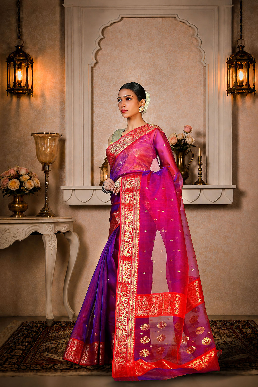 Purple/Maroon Saree with all over golden zari work on aanchal & border, Pattu Silk
