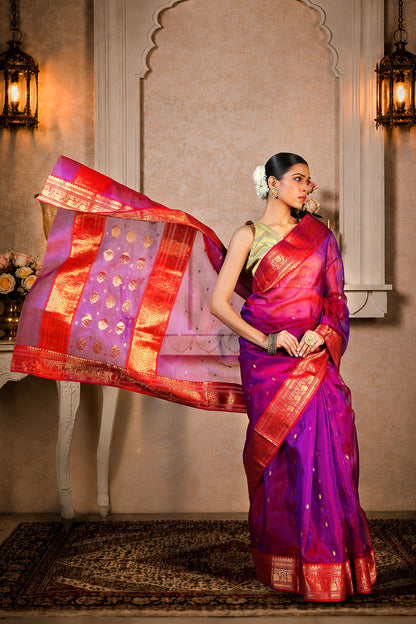 Purple/Maroon Saree with all over golden zari work on aanchal & border, Pattu Silk