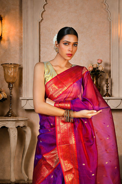 Purple/Maroon Saree with all over golden zari work on aanchal & border, Pattu Silk