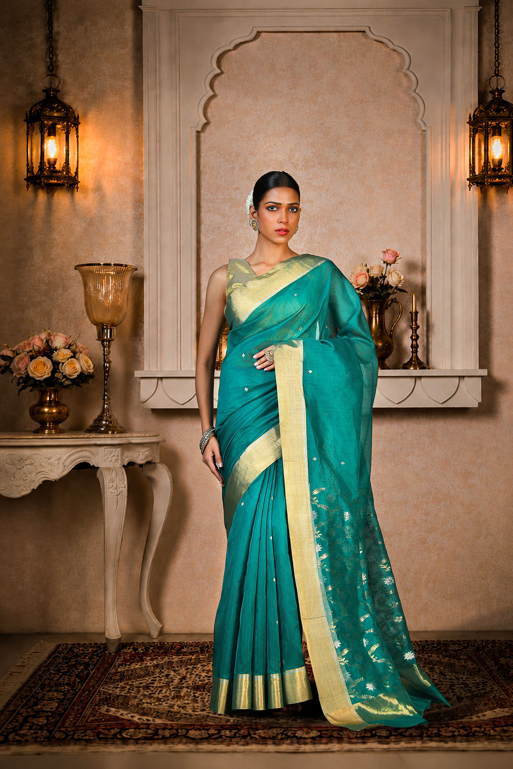Teal color Chanderi Saree with golden and silver zari work, Cotton/Silk, color-Teal/Golden