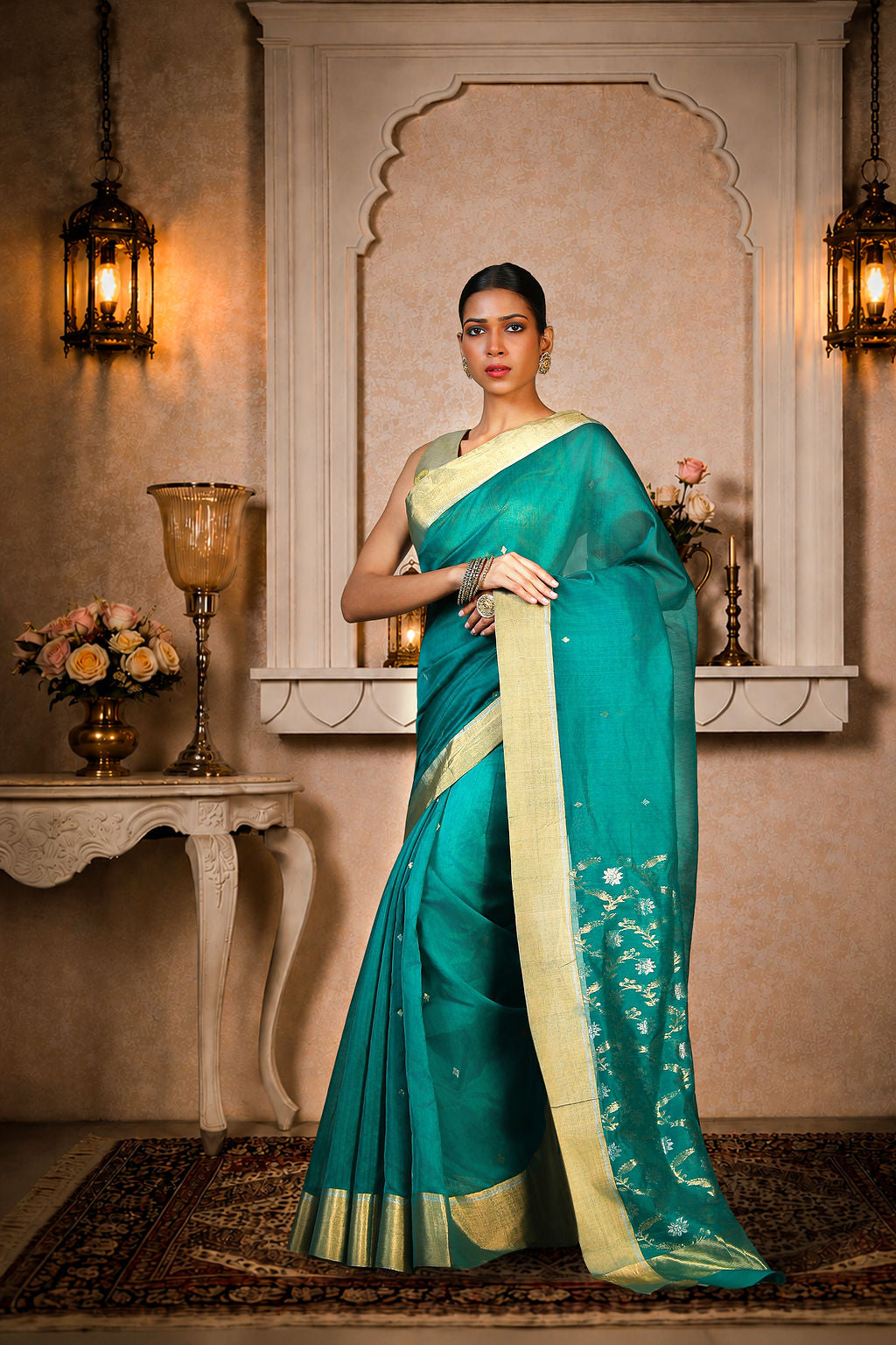 Teal color Chanderi Saree with golden and silver zari work, Cotton/Silk, color-Teal/Golden