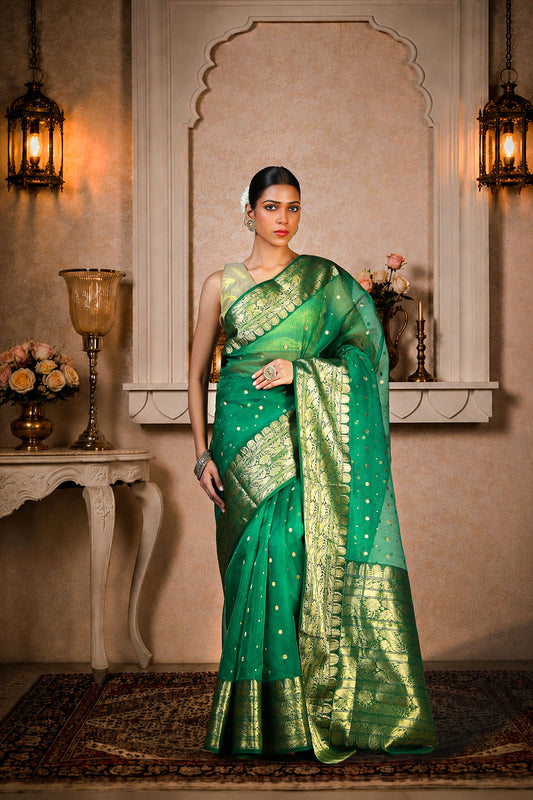 Royal green Saree with allover golden zari work on border and aanchal, Kataan Silk