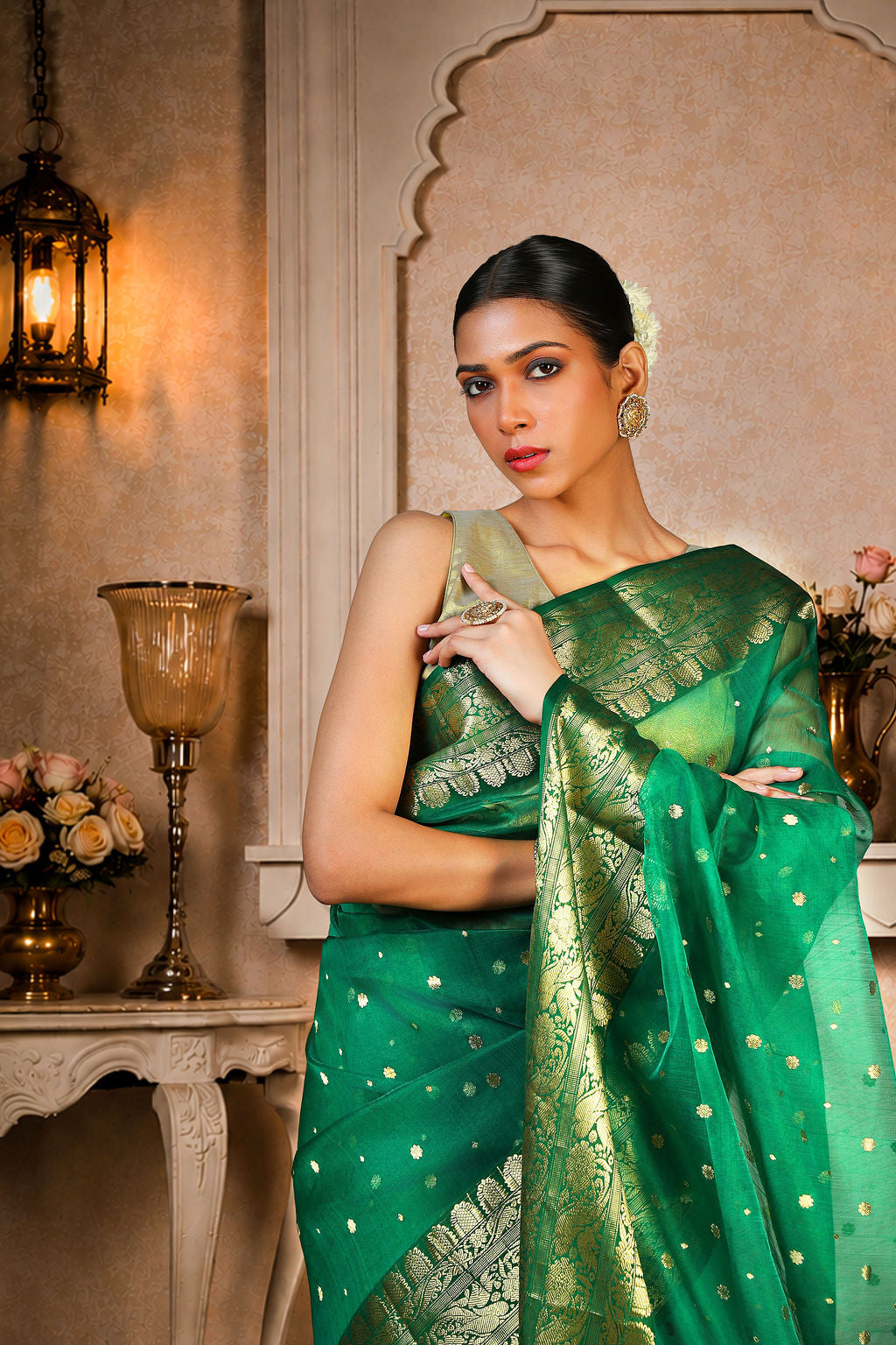 Royal green Saree with allover golden zari work on border and aanchal, Kataan Silk