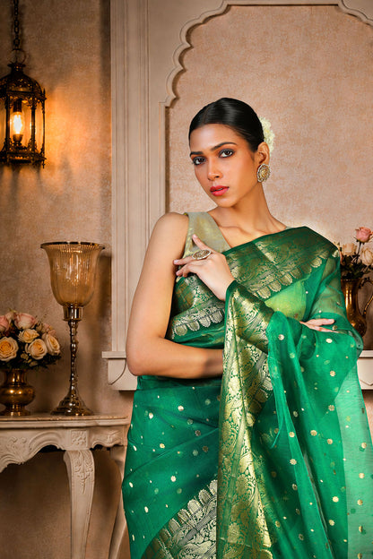 Royal green Saree with allover golden zari work on border and aanchal, Kataan Silk