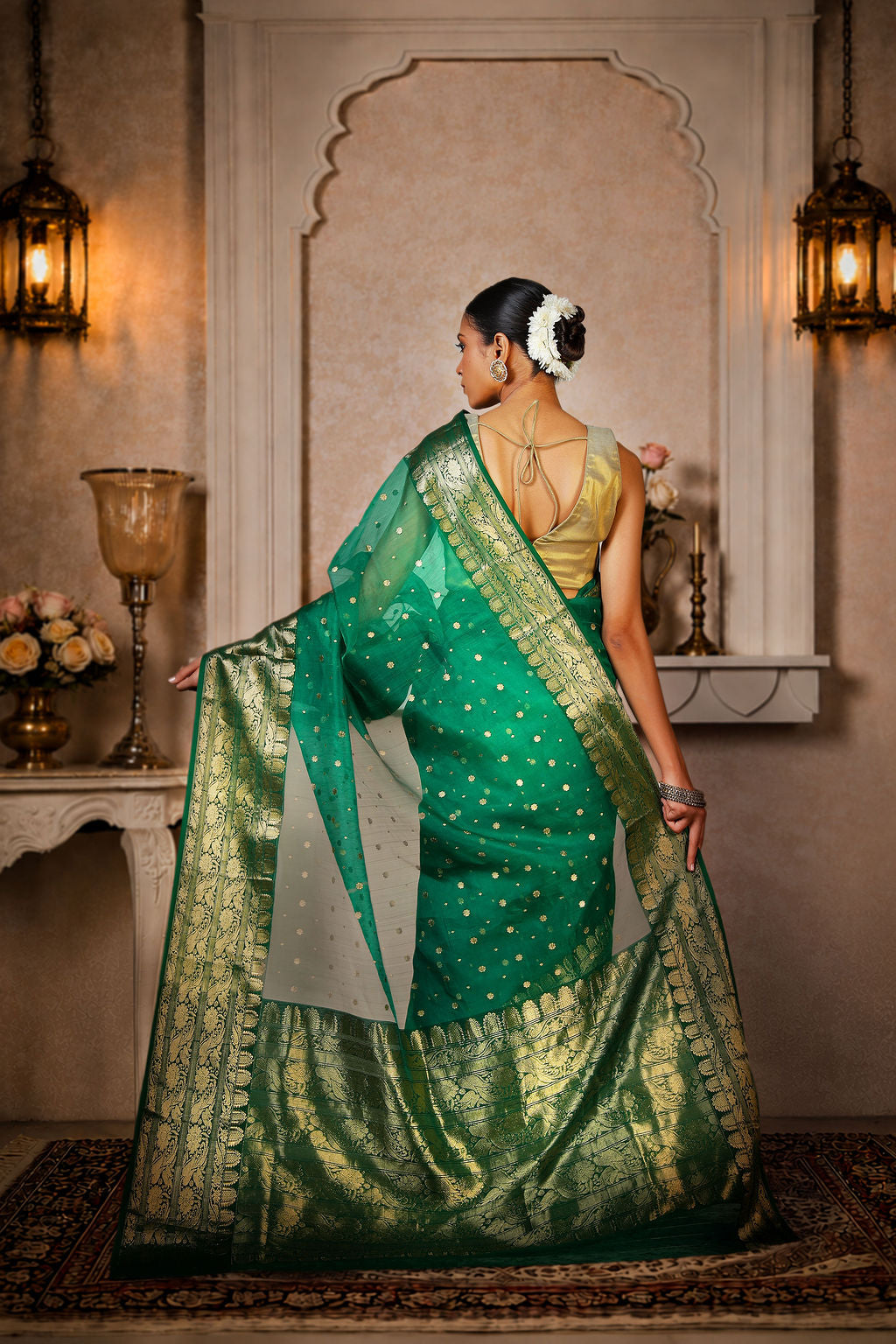Royal green Saree with allover golden zari work on border and aanchal, Kataan Silk