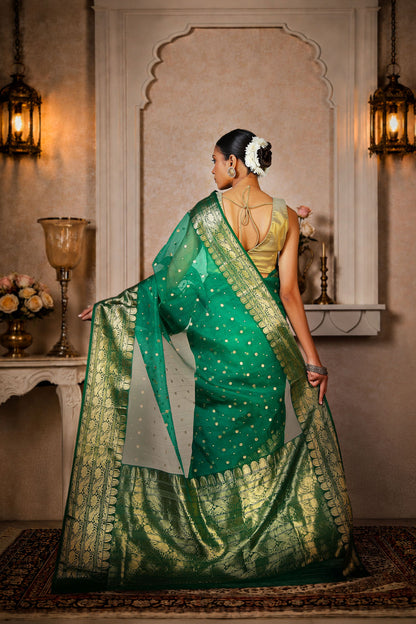 Royal green Saree with allover golden zari work on border and aanchal, Kataan Silk