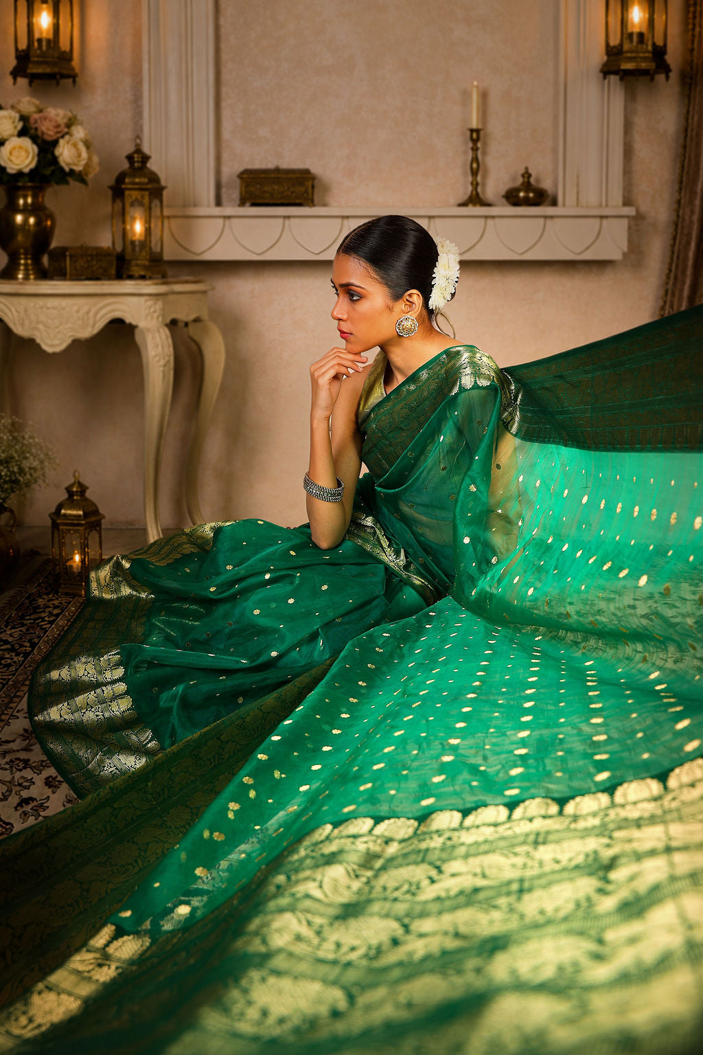 Royal green Saree with allover golden zari work on border and aanchal, Kataan Silk