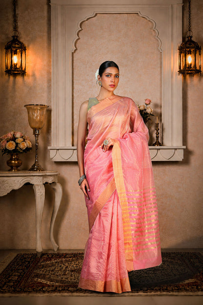 Pink and golden zari stripes saree, Organza Silk