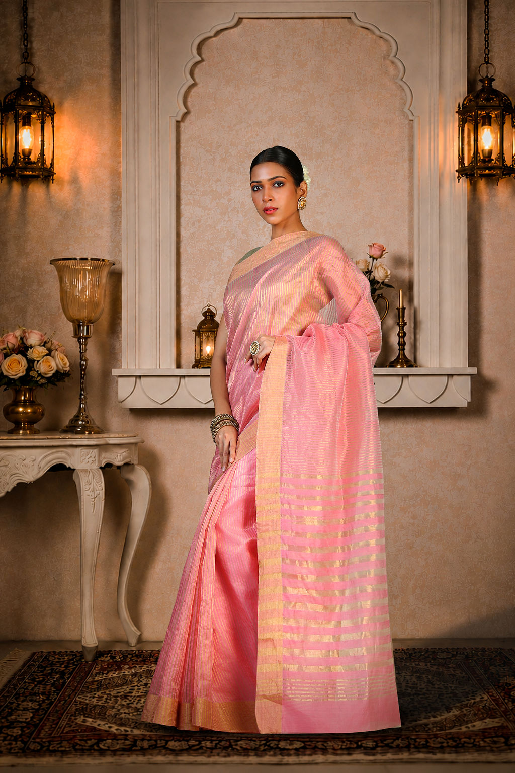 Pink and golden zari stripes saree, Organza Silk