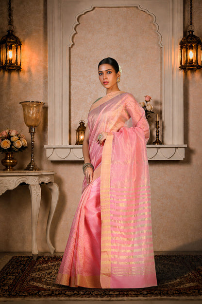 Pink and golden zari stripes saree, Organza Silk