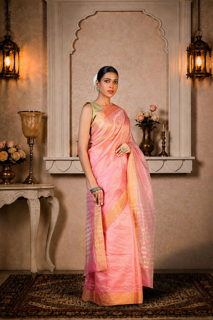 Pink and golden zari stripes saree, Organza Silk