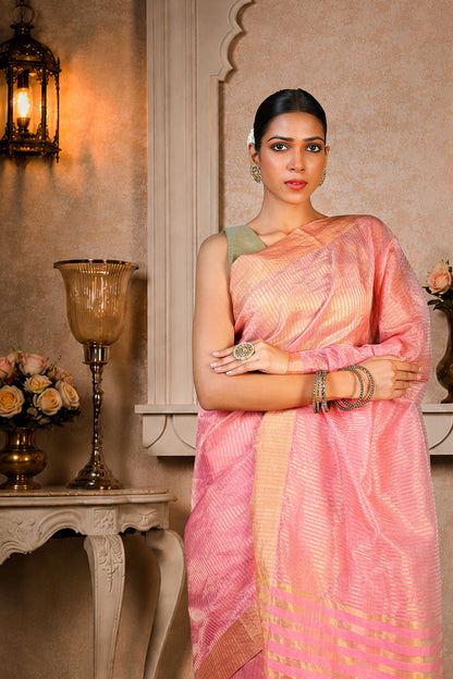 Pink and golden zari stripes saree, Organza Silk