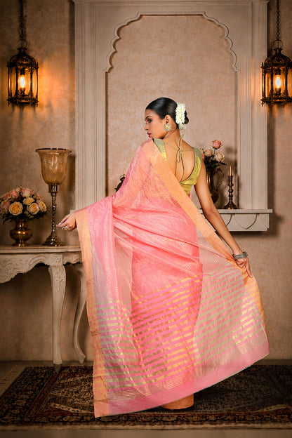 Pink and golden zari stripes saree, Organza Silk