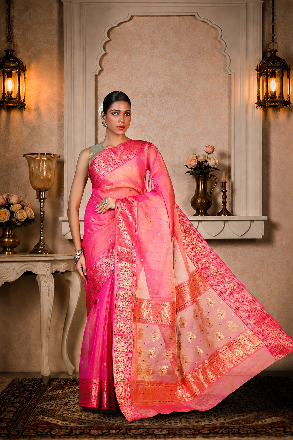 Pink color Chanderi Saree with Golden+green booti allover, Organza silk, color-pink