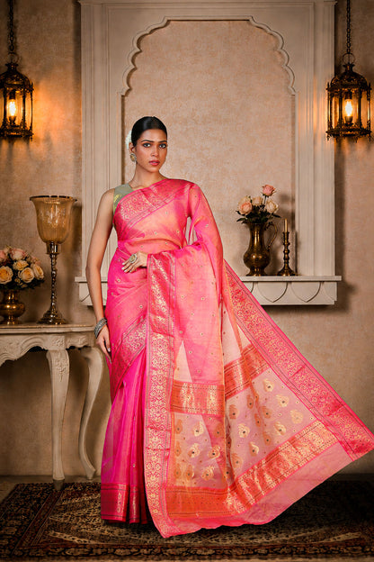 Pink color Chanderi Saree with Golden+green booti allover, Organza silk, color-pink