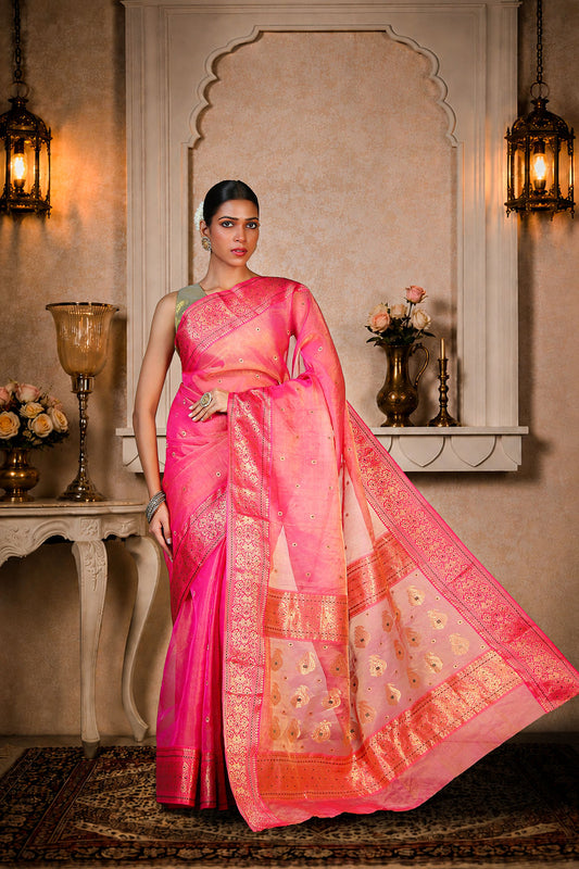 Pink color Chanderi Saree with Golden+green booti allover, Organza silk, color-pink