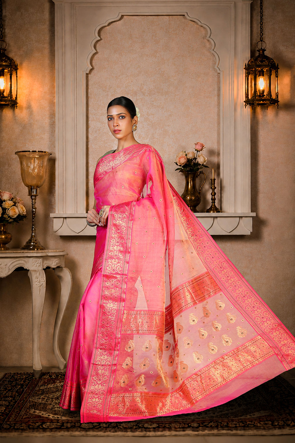 Pink color Chanderi Saree with Golden+green booti allover, Organza silk, color-pink