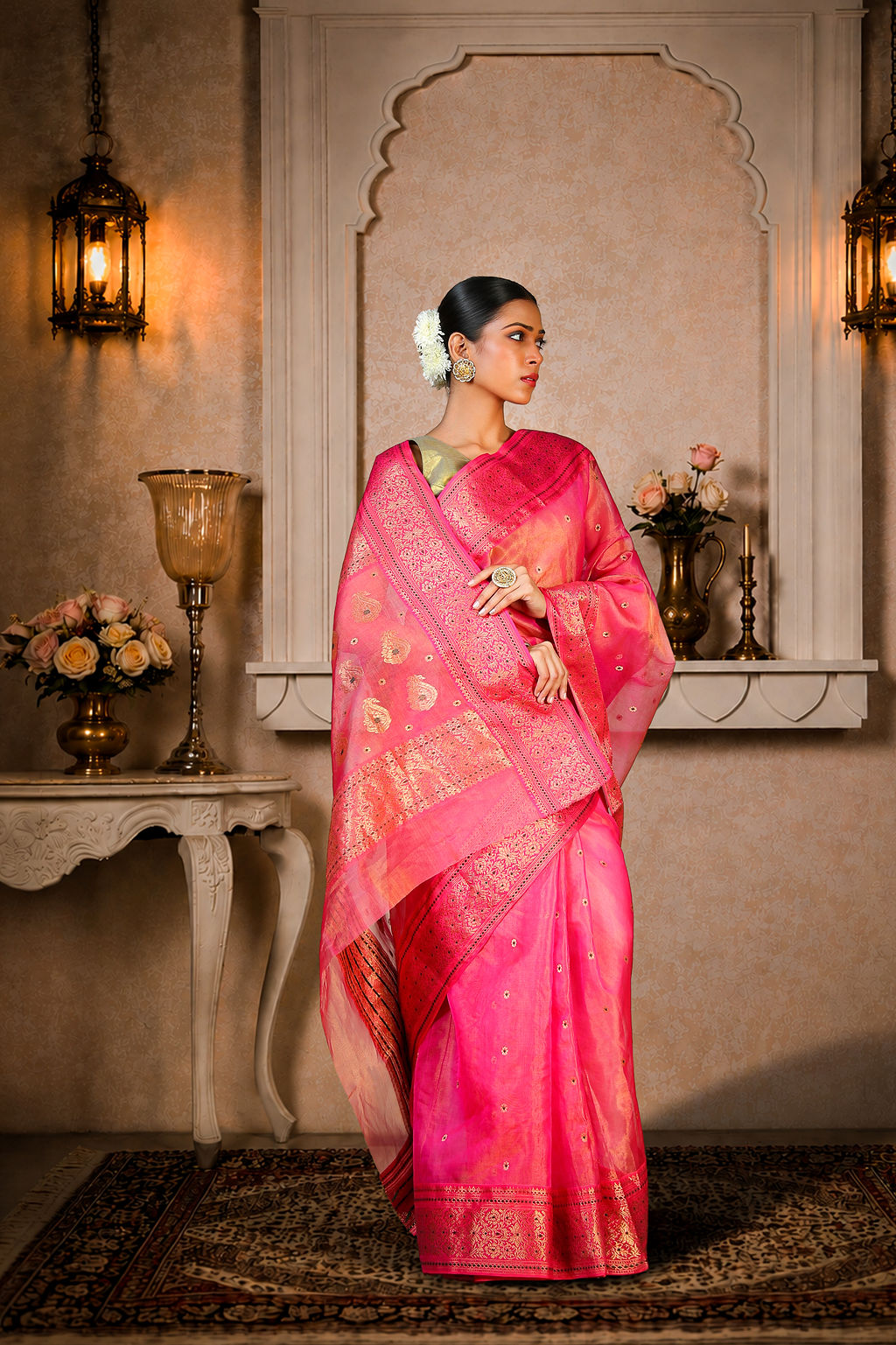 Pink color Chanderi Saree with Golden+green booti allover, Organza silk, color-pink