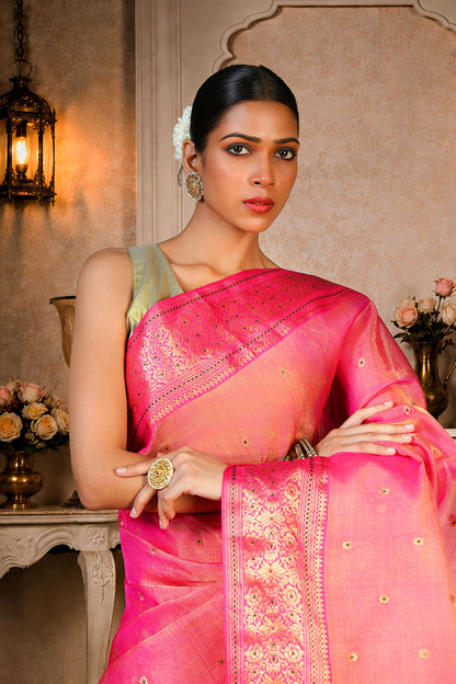 Pink color Chanderi Saree with Golden+green booti allover, Organza silk, color-pink