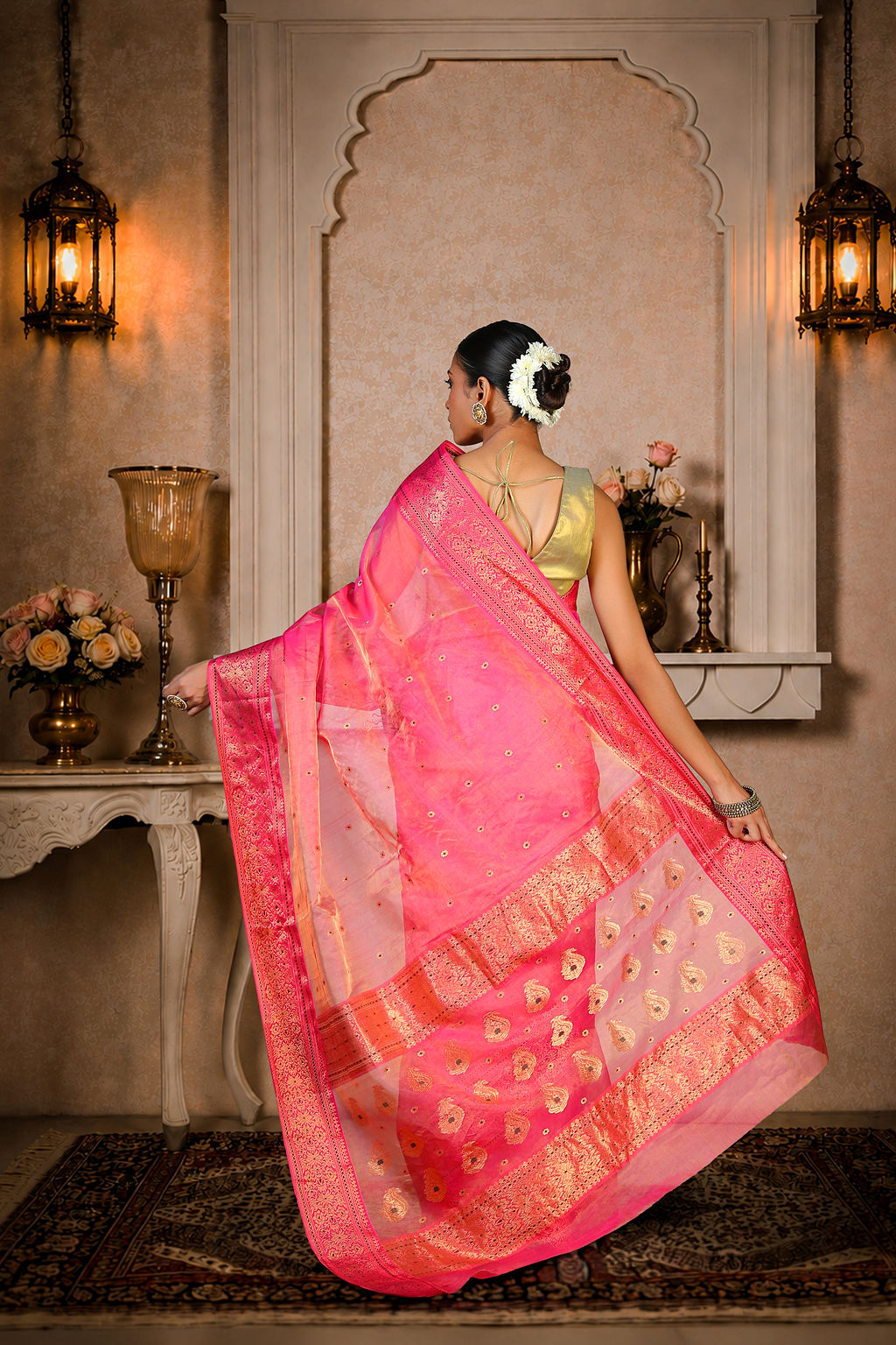 Pink color Chanderi Saree with Golden+green booti allover, Organza silk, color-pink