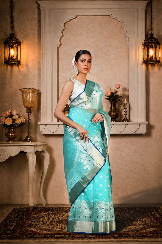Cyan color Saree with silver zari border & all over booti, Organza Silk