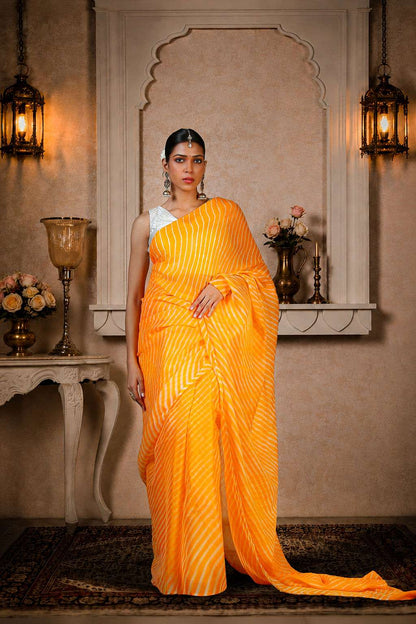 Pure Chinon Lehariya Saree, Mothra Design, Double Lehariya, Color-Orange