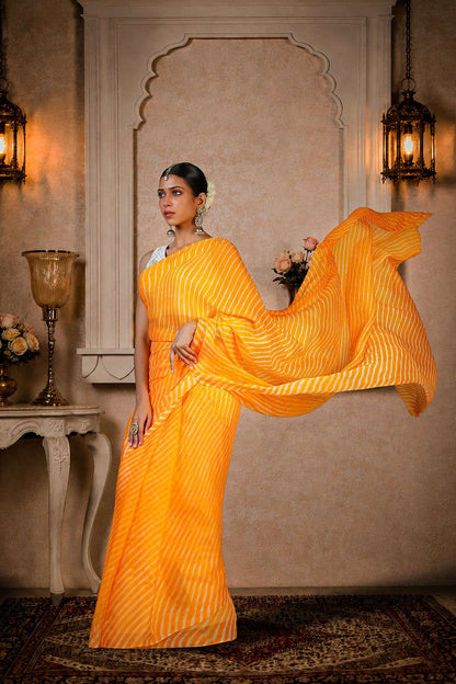 Pure Chinon Lehariya Saree, Mothra Design, Double Lehariya, Color-Orange