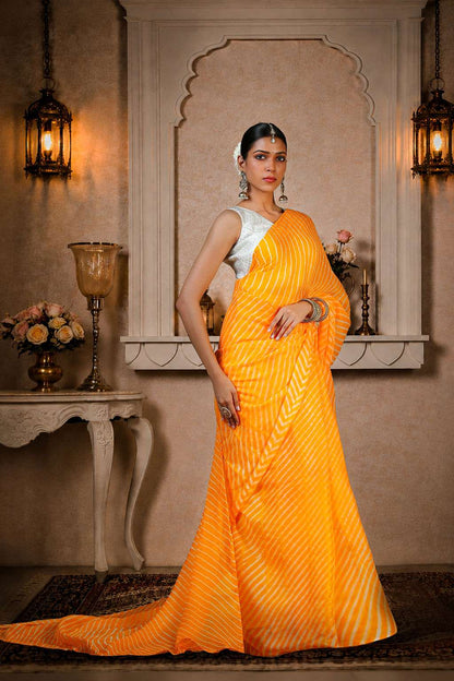 Pure Chinon Lehariya Saree, Mothra Design, Double Lehariya, Color-Orange