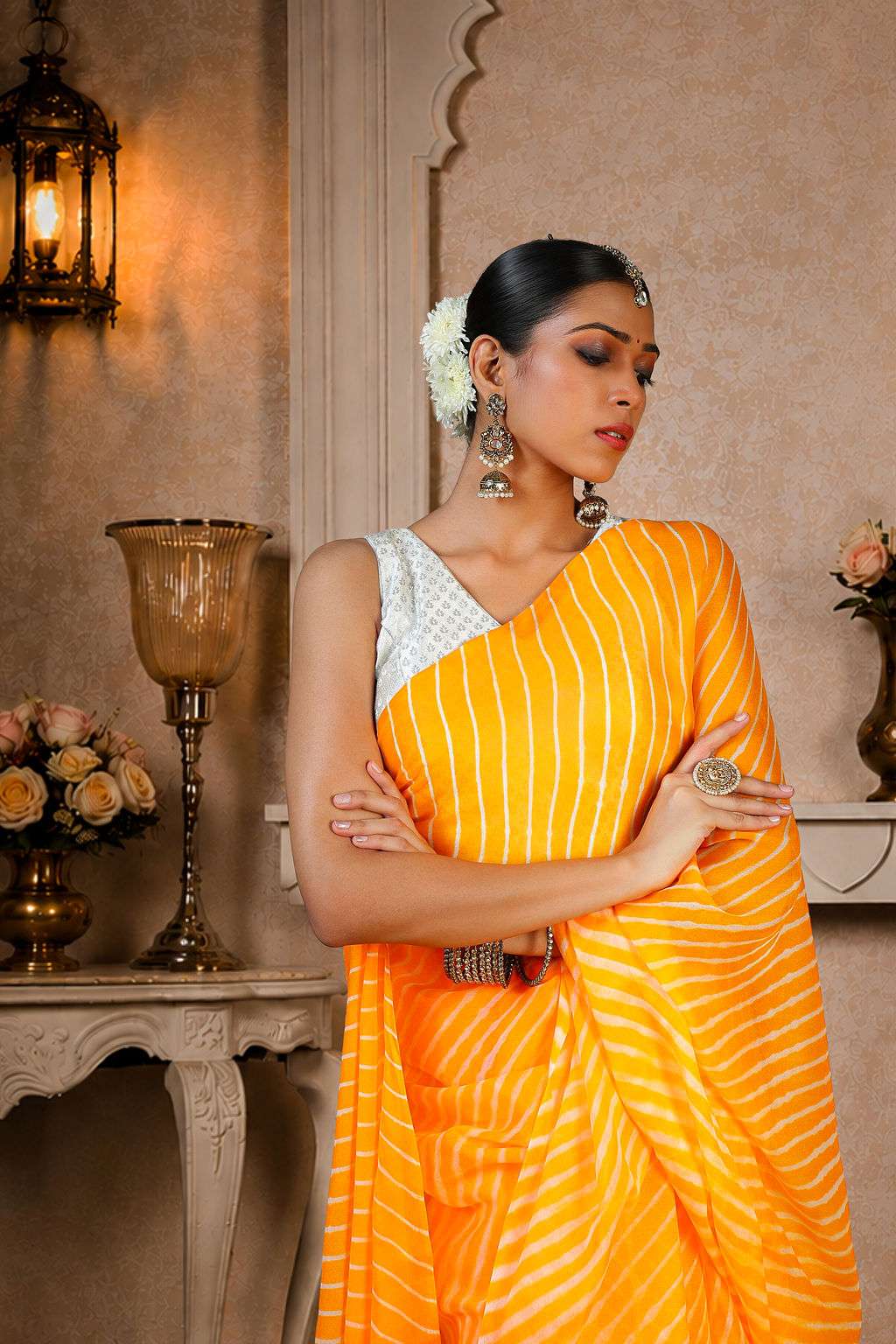 Pure Chinon Lehariya Saree, Mothra Design, Double Lehariya, Color-Orange