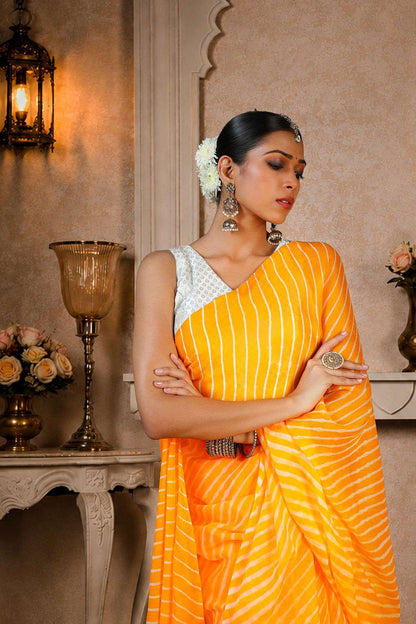 Pure Chinon Lehariya Saree, Mothra Design, Double Lehariya, Color-Orange
