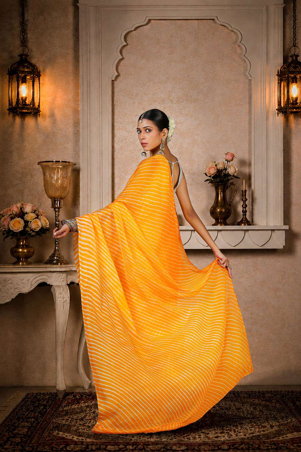 Pure Chinon Lehariya Saree, Mothra Design, Double Lehariya, Color-Orange