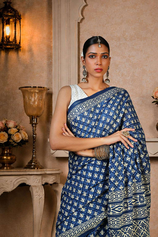 Ajrakh Saree, 100% Cotton, Color-Navy Blue