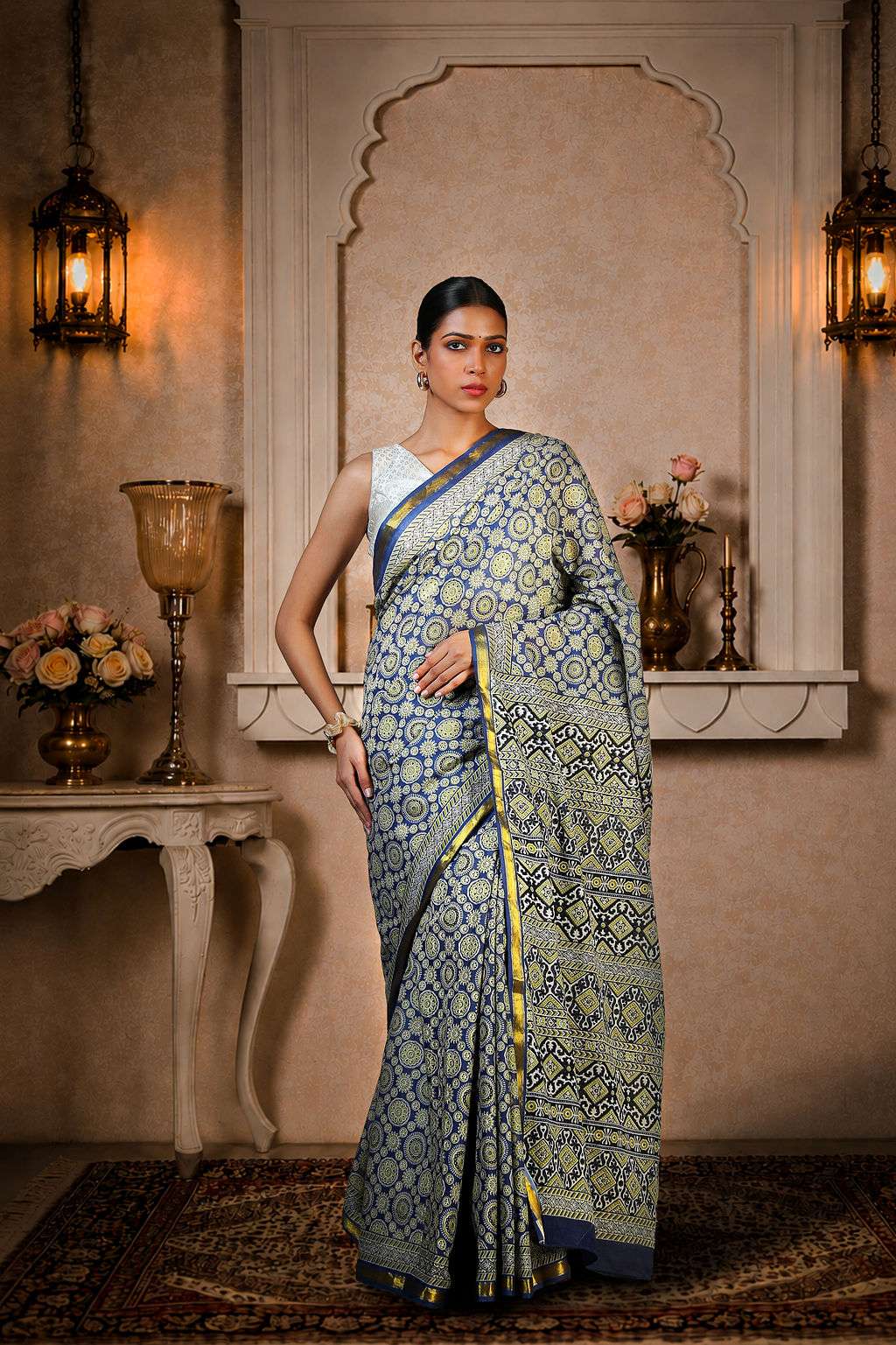 Ajrakh Saree, 100% Cotton, Greyish Blue