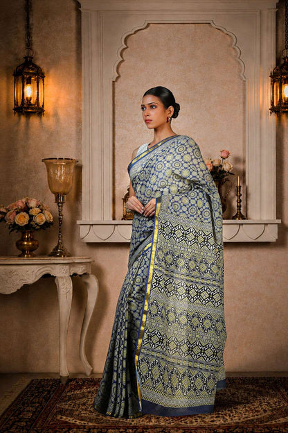 Ajrakh Saree, 100% Cotton, Greyish Blue