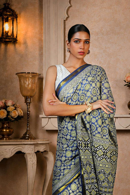Ajrakh Saree, 100% Cotton, Greyish Blue