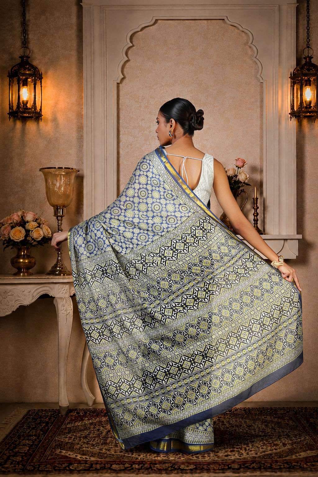 Ajrakh Saree, 100% Cotton, Greyish Blue