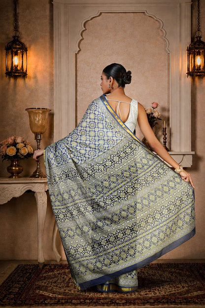Ajrakh Saree, 100% Cotton, Greyish Blue