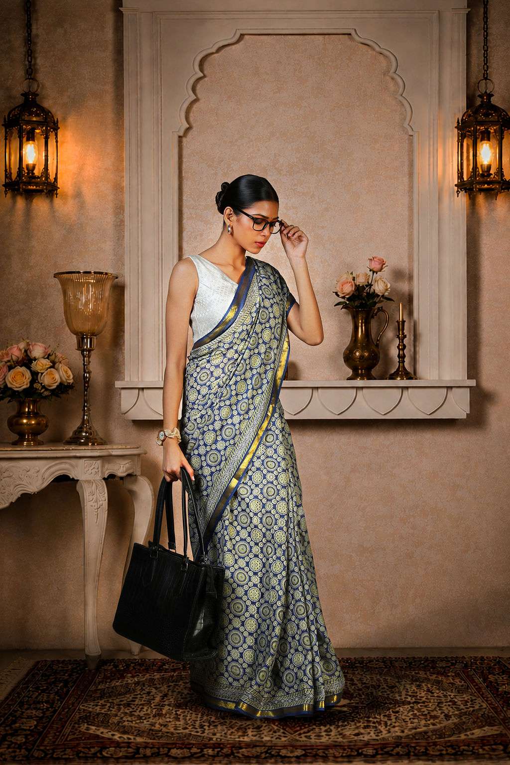 Ajrakh Saree, 100% Cotton, Greyish Blue