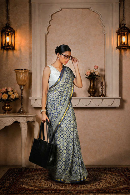 Ajrakh Saree, 100% Cotton, Greyish Blue