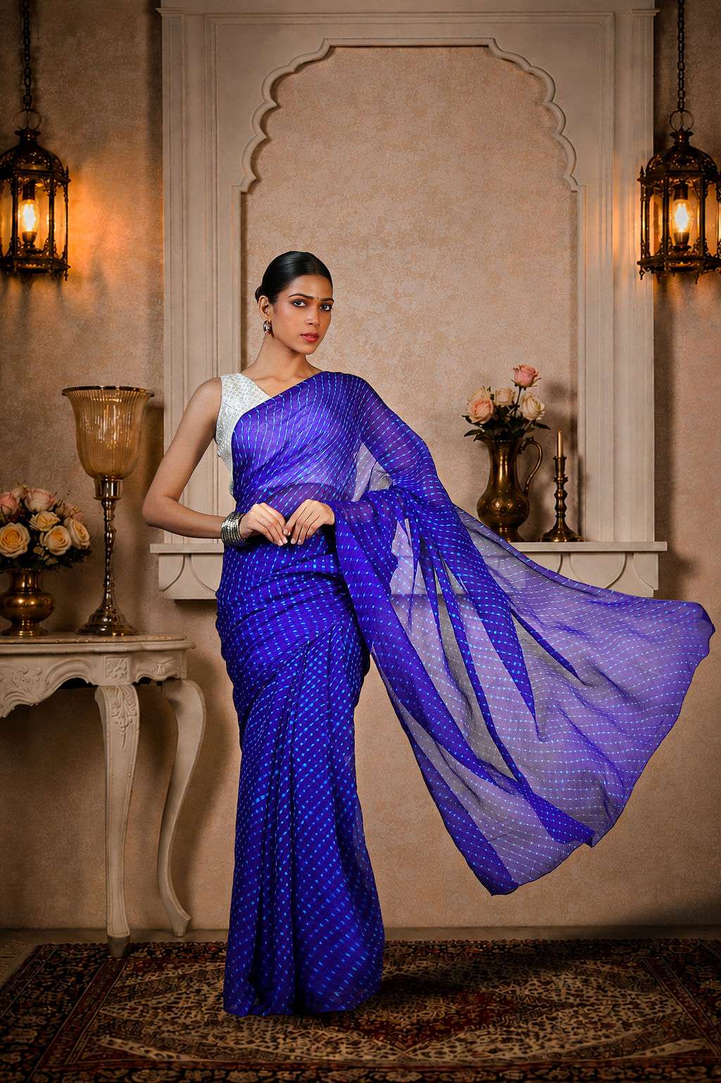 Pure Chinon Lehariya Saree, Mothra Design, Double Lehariya, Color-Royal Blue