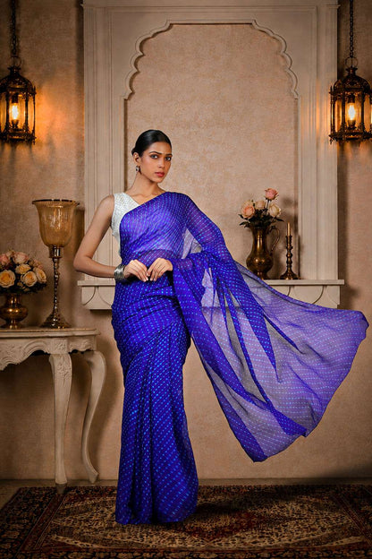 Pure Chinon Lehariya Saree, Mothra Design, Double Lehariya, Color-Royal Blue