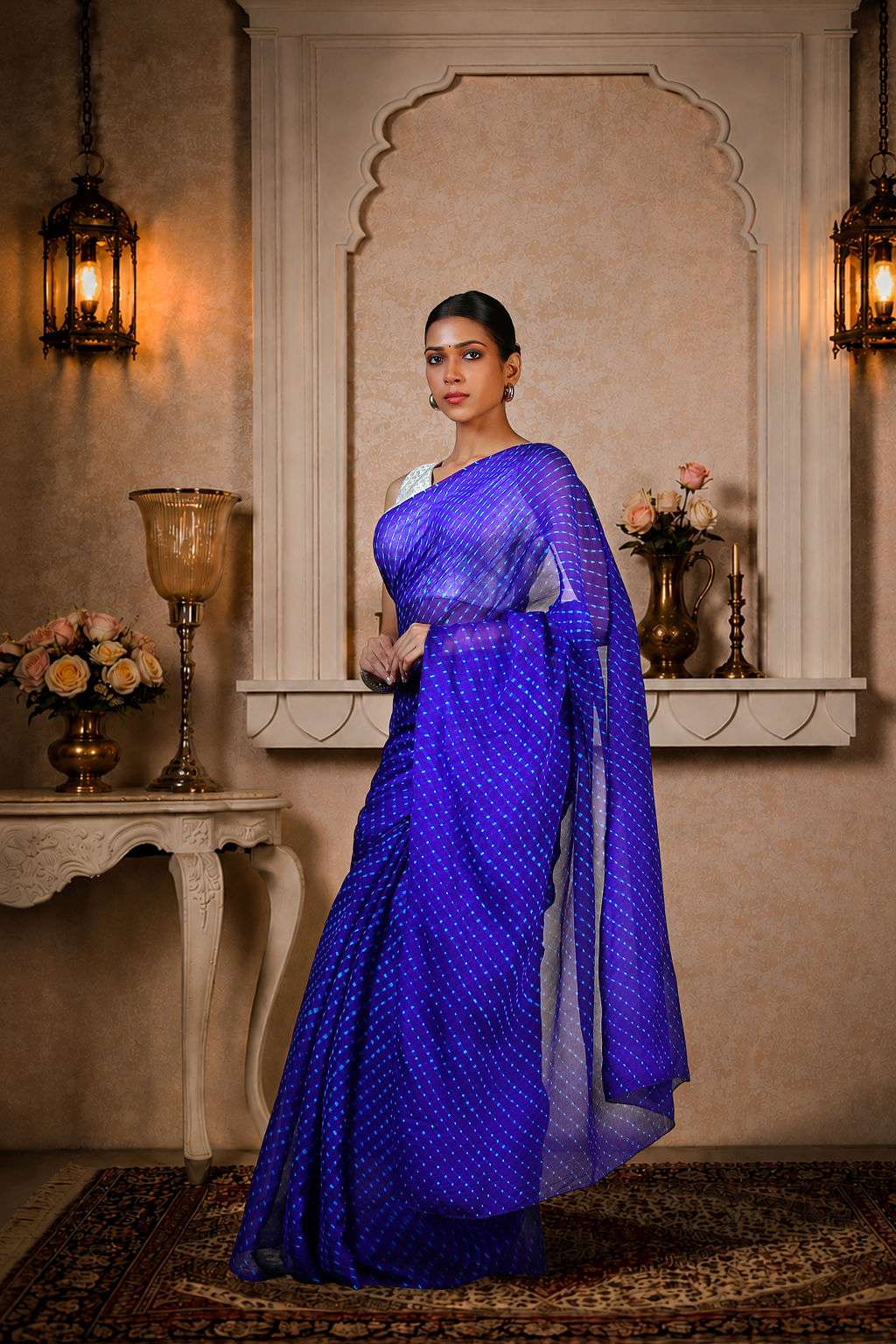 Pure Chinon Lehariya Saree, Mothra Design, Double Lehariya, Color-Royal Blue